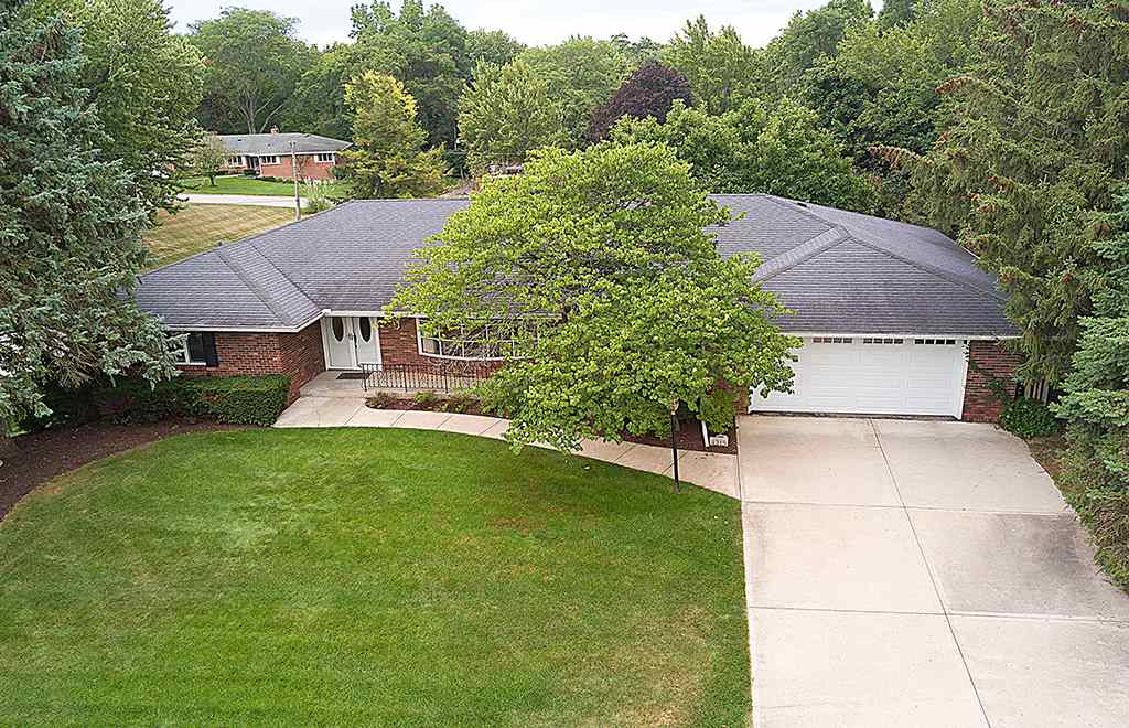 a view of a house with a yard plants and large tree