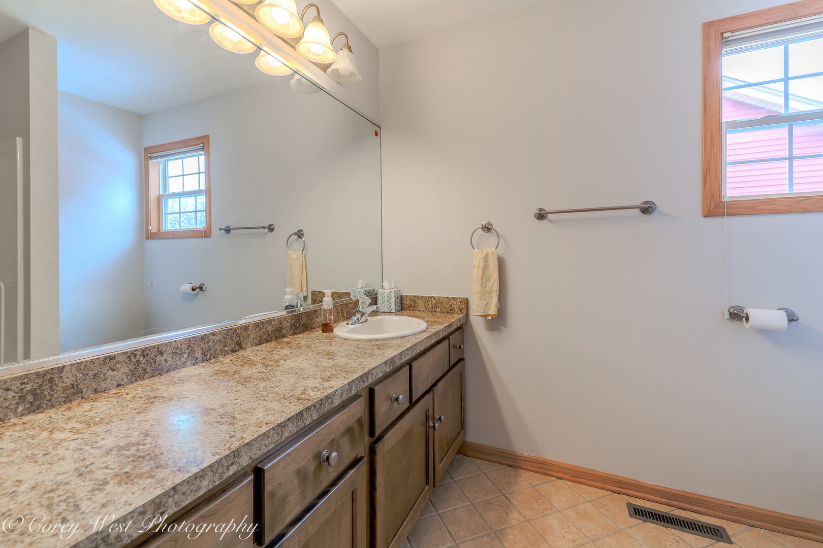 620 Ridge Drive Elburn, IL 60119 - Photo 29 of 46 a bathroom with a granite countertop sink and a mirror