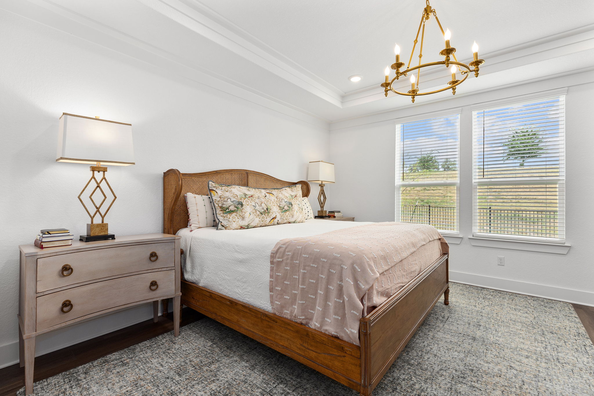 640 Martingale Street Georgetown, TX 78633 - Photo 29 of 39 Bedroom with dark wood-style floors, suspended lighting, ornamental molding, and a tray ceiling