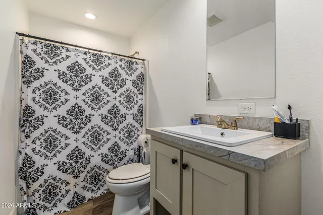 a bathroom with a sink toilet and a mirror