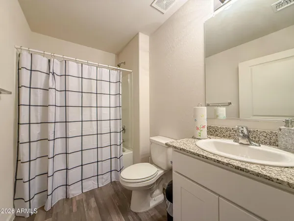 a bathroom with a sink toilet vanity and shower