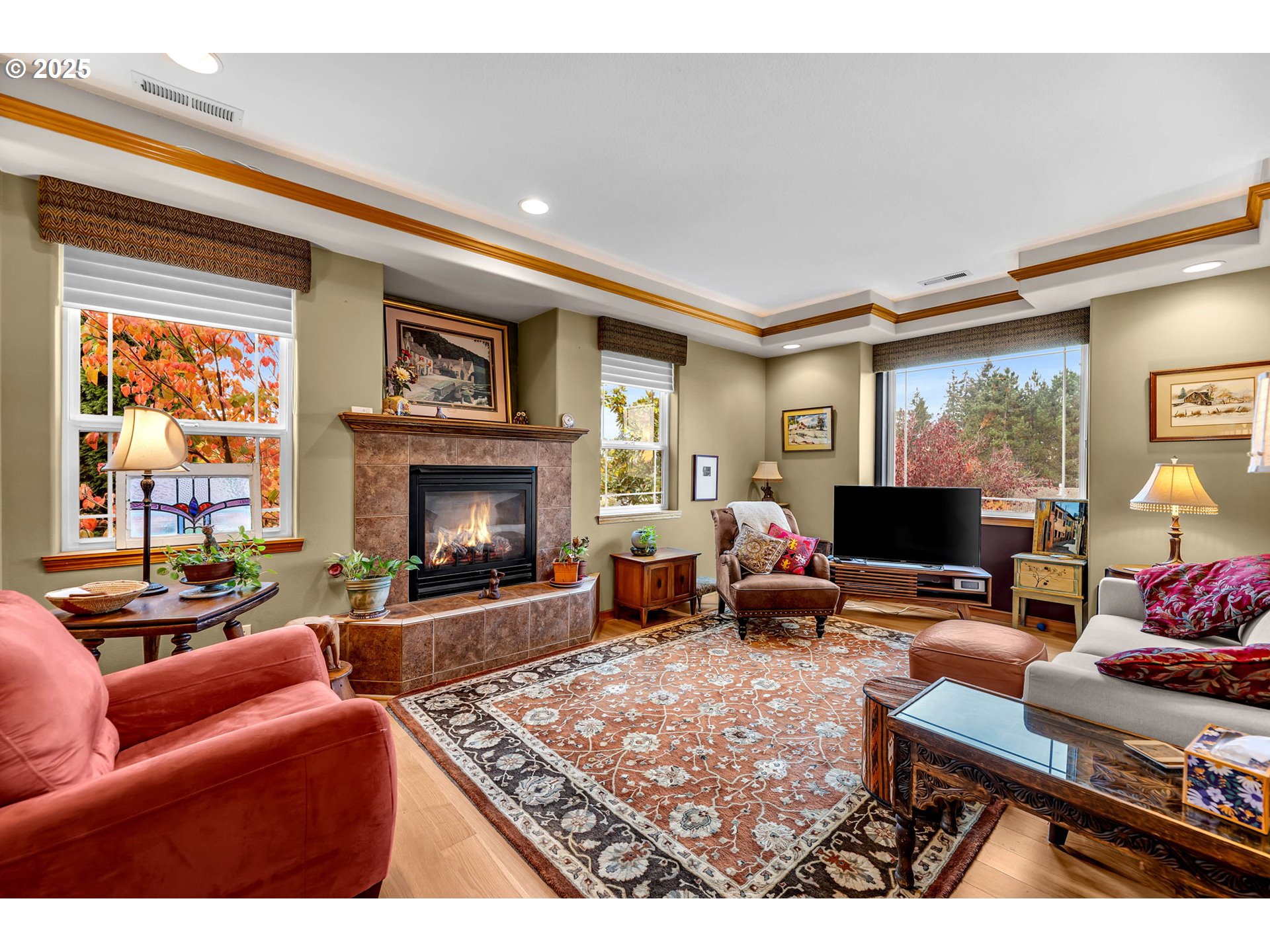 1035 East Pioneer Loop La Center, WA 98629 - Photo 6 of 43 a living room with furniture a fireplace and a flat screen tv