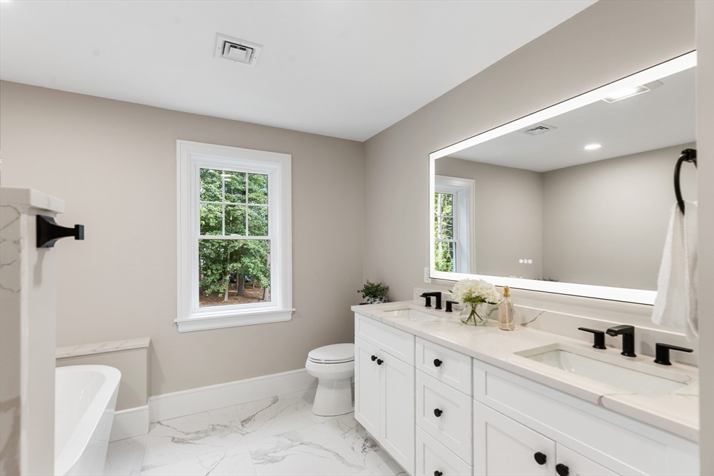 12 Pleasant Street Burlington, MA 01803 - Photo 16 of 30 a bathroom with a double vanity sink a toilet and a mirror