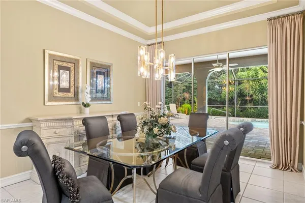 a view of a dining room with furniture window and outside view