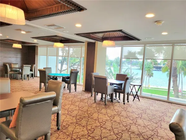 a dining room with furniture water view and balcony