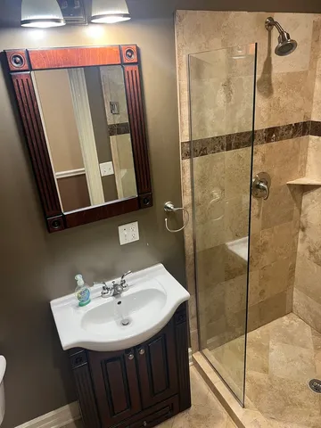 a bathroom with a sink mirror and shower