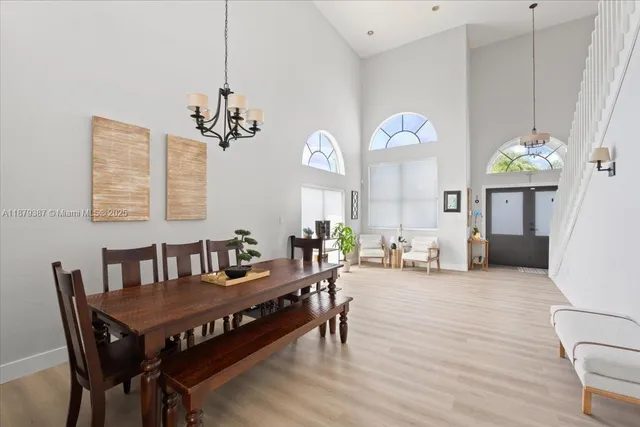 a view of a dining room with furniture wooden floor and chandelier