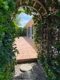 a view of a yard with wooden fence