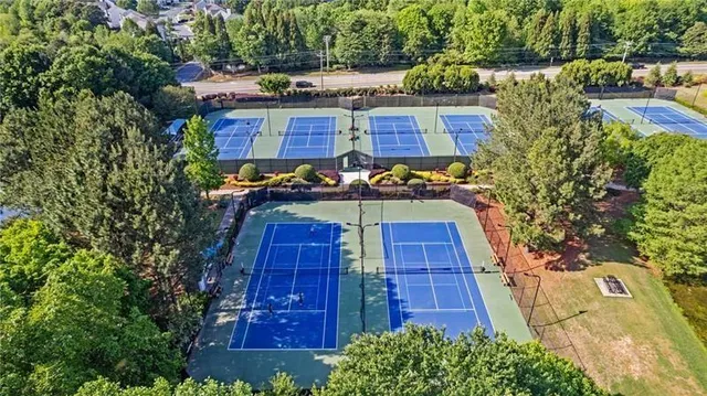 an aerial view of a swimming pool