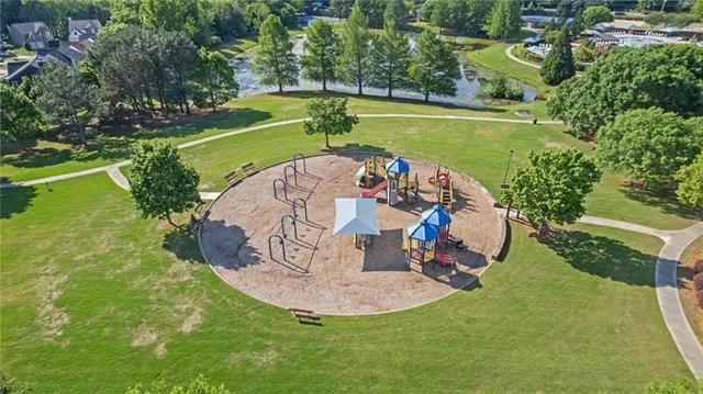 an aerial view of a swimming pool