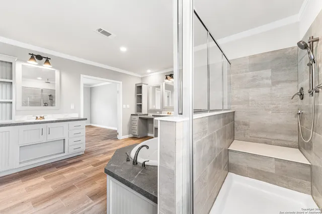 a bathroom with a granite countertop sink a mirror and a shower