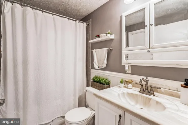 a bathroom with a sink vanity mirror and toilet
