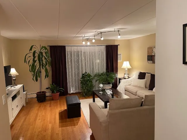 a living room with furniture hard wood floor and a flat screen tv