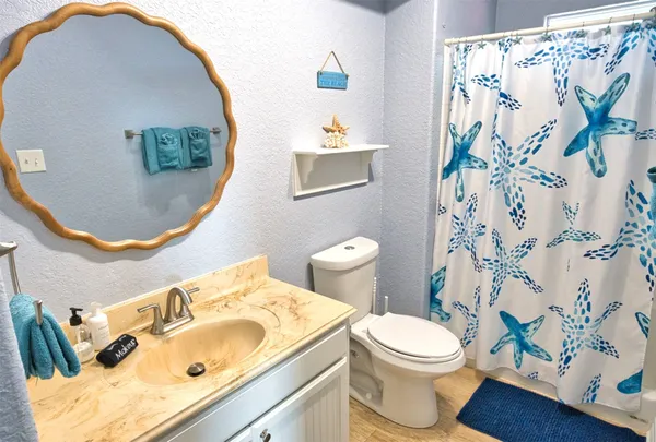 a bathroom with a sink toilet and mirror