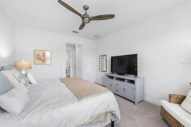 a bedroom with bed tv and window