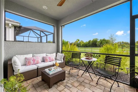 a roof deck with couch and a potted plant