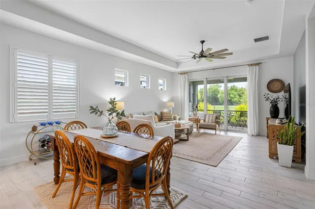a view of a dining room with furniture window and outside view