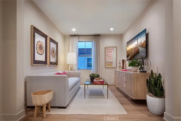 a living room with furniture and a potted plant