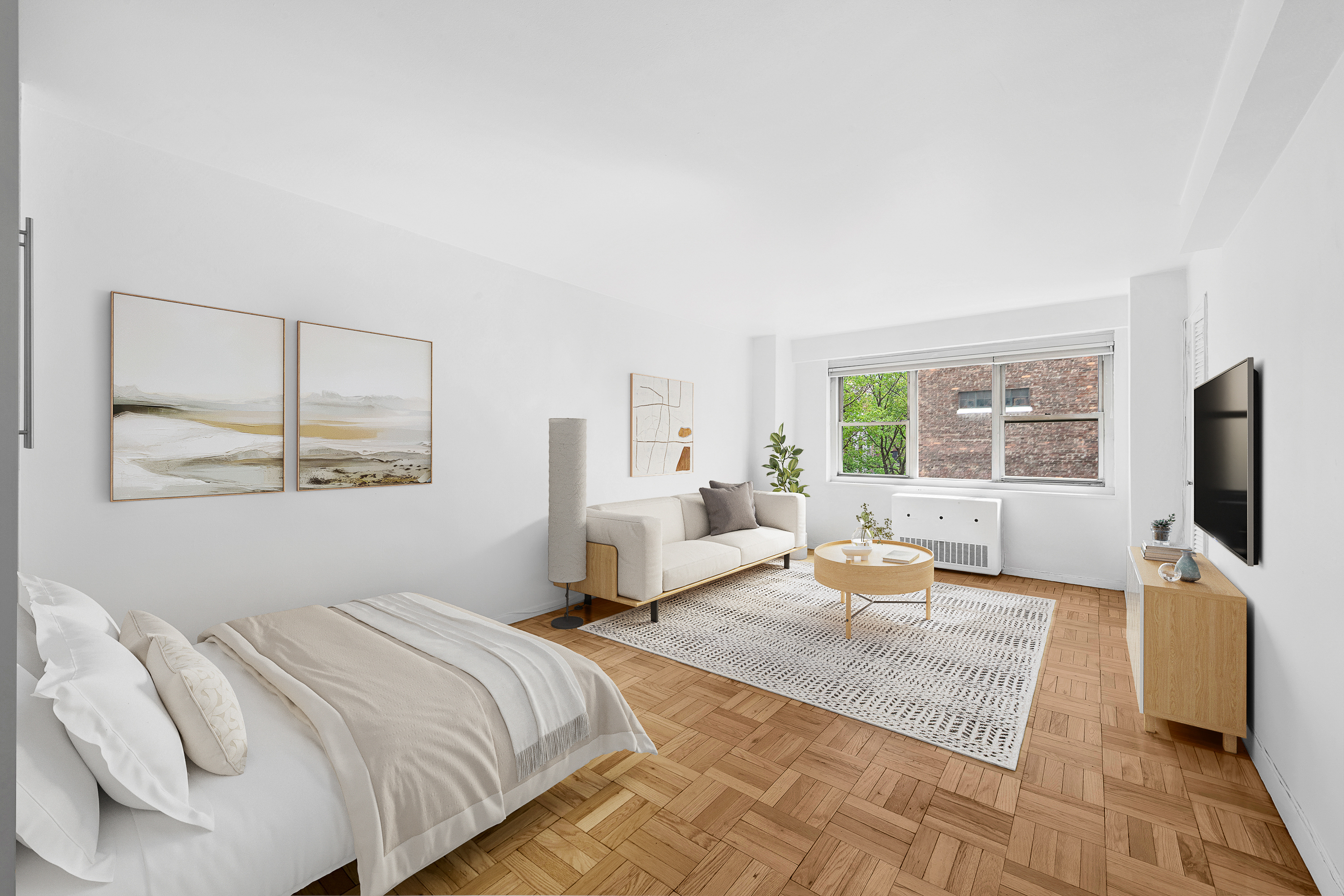 a bedroom with a bed and large window