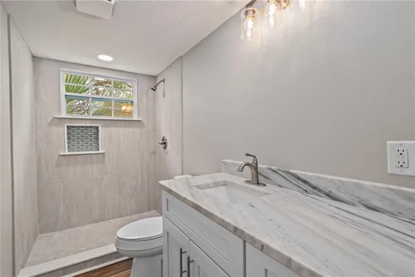 a bathroom with a granite countertop sink toilet and a mirror