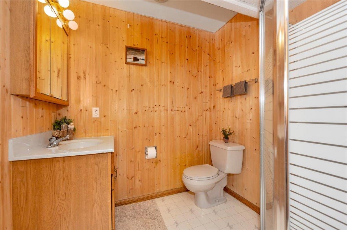 6373 Maple Grove Road Cloquet, MN 55720 - Photo 25 of 42 Bathroom featuring vanity and wood walls