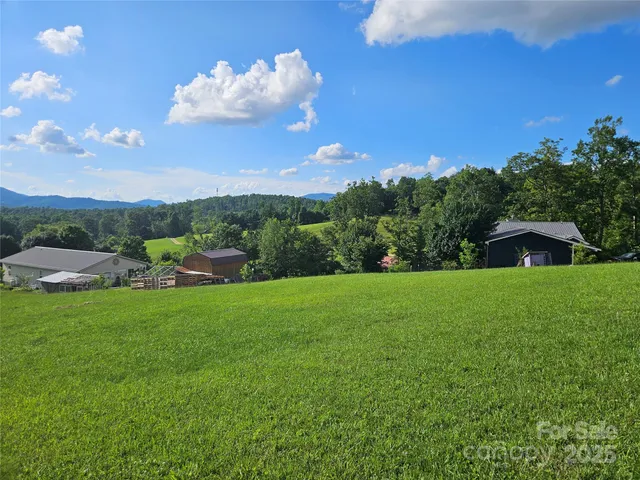 a view of a garden with houses
