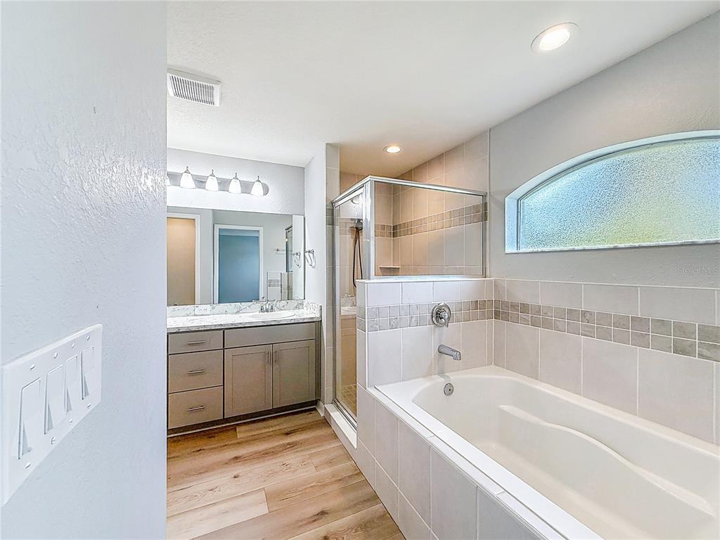6945 Gideon Circle Zephyrhills, FL 33541 - Photo 31 of 45 a spacious bathroom with a tub sink shower and mirror