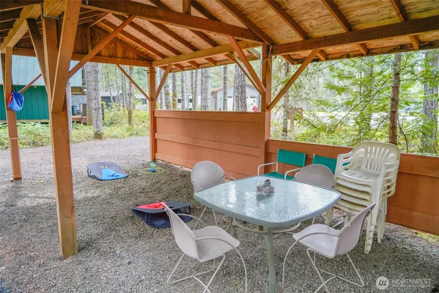a backyard of a house with table and chairs
