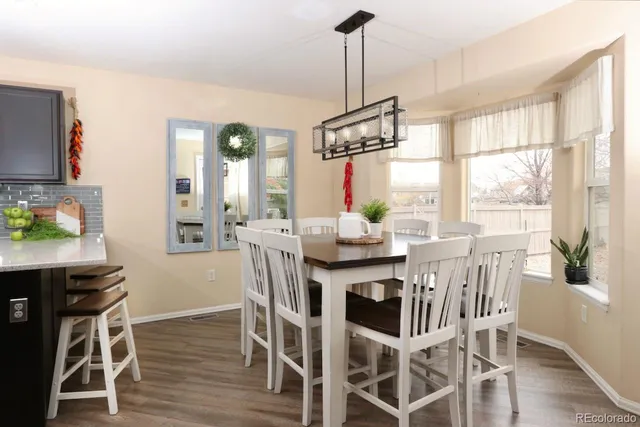 a view of a dining room with furniture window and wooden floor