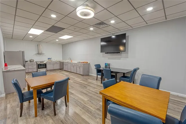 a view of a dining room with furniture