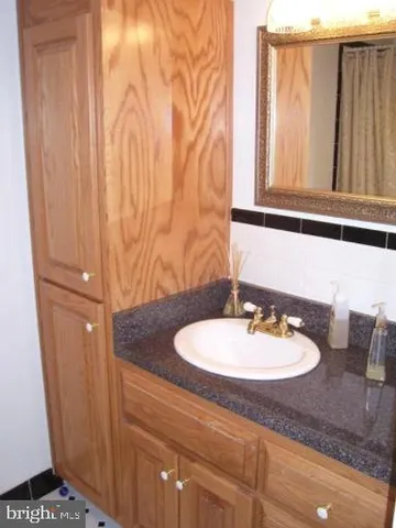 a bathroom with a sink a mirror and a shower curtain
