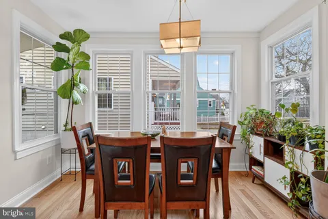 a dining room with furniture potted plants and wooden floor