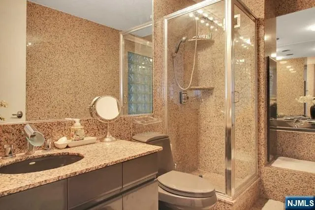a bathroom with a granite countertop sink toilet mirror vanity and shower