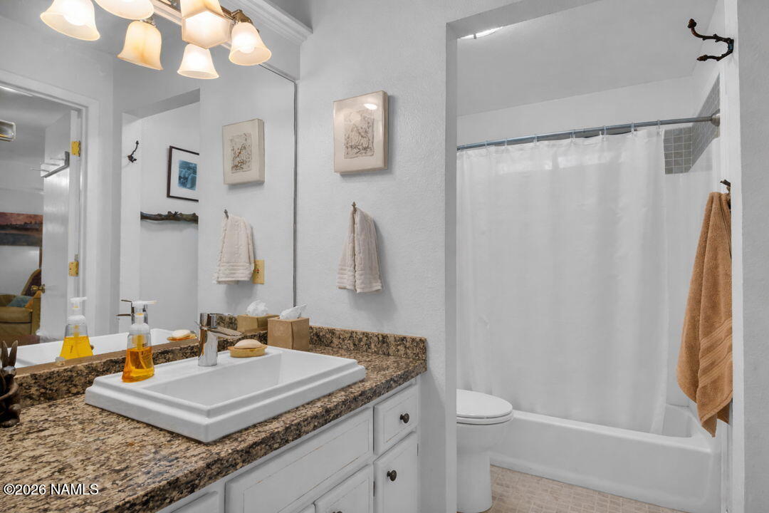 1005 Park Way Williams, AZ 86046 - Photo 22 of 45 a bathroom with a granite countertop sink a toilet and a mirror