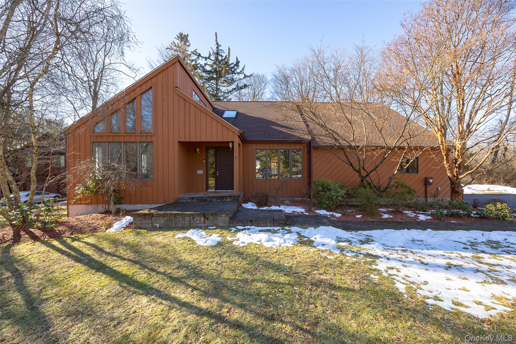 a view of a house with a yard covered in snow