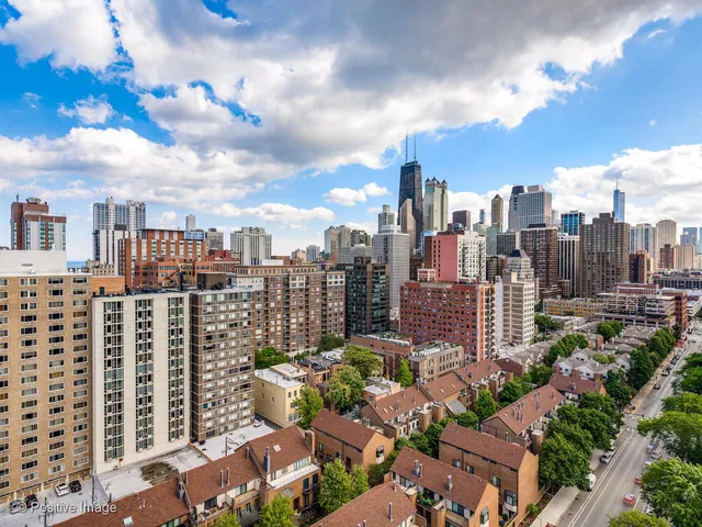 a city view with tall buildings