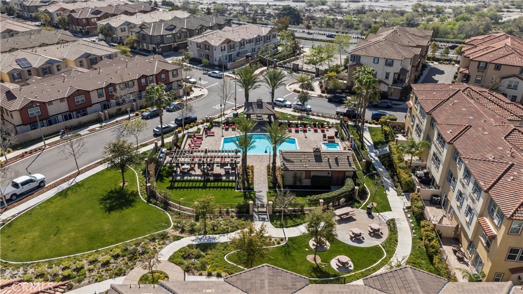 22157 Barrington Way Saugus, CA 91350 - Photo 40 of 46 an aerial view of a house with garden space swimming pool and outdoor seating