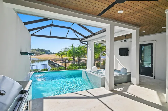 a view of an outdoor dining space with furniture