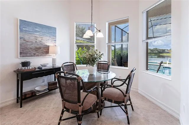 a view of a dining room with furniture window and outside view