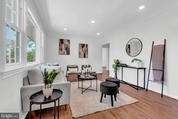 a living room with furniture a potted plant and a large window