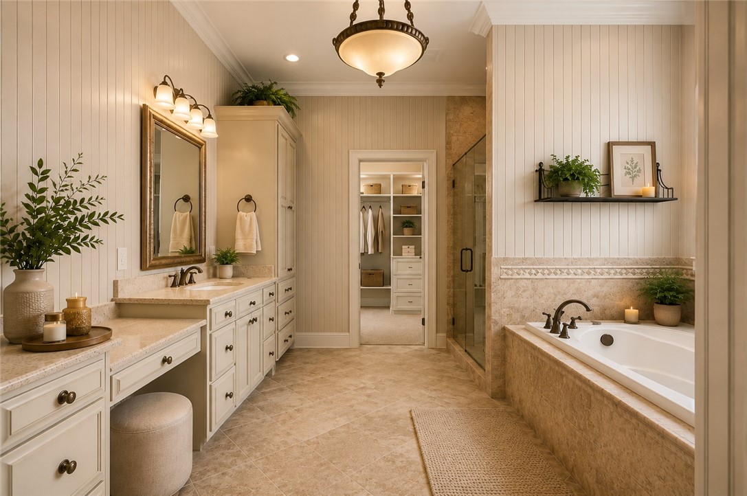 114 Willowbend Drive Anderson, SC 29621 - Photo 22 of 50 This serene primary bathroom offers ample storage, a spacious soaking tub, and a separate shower.