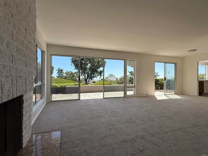 an empty room with windows and fireplace