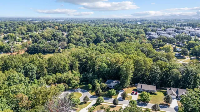 an aerial view of residential houses with outdoor space and trees