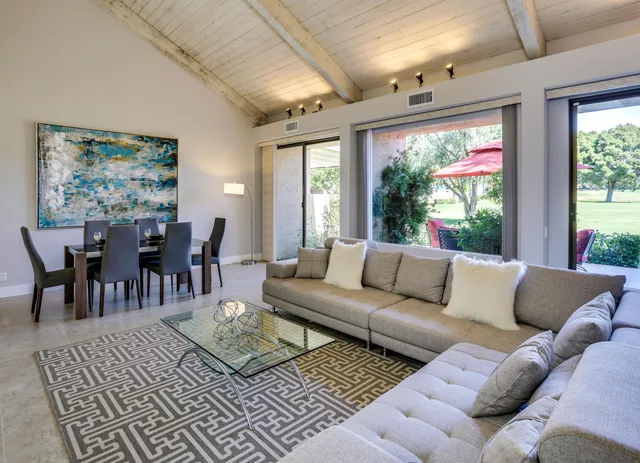 a living room with furniture potted plant and a large window