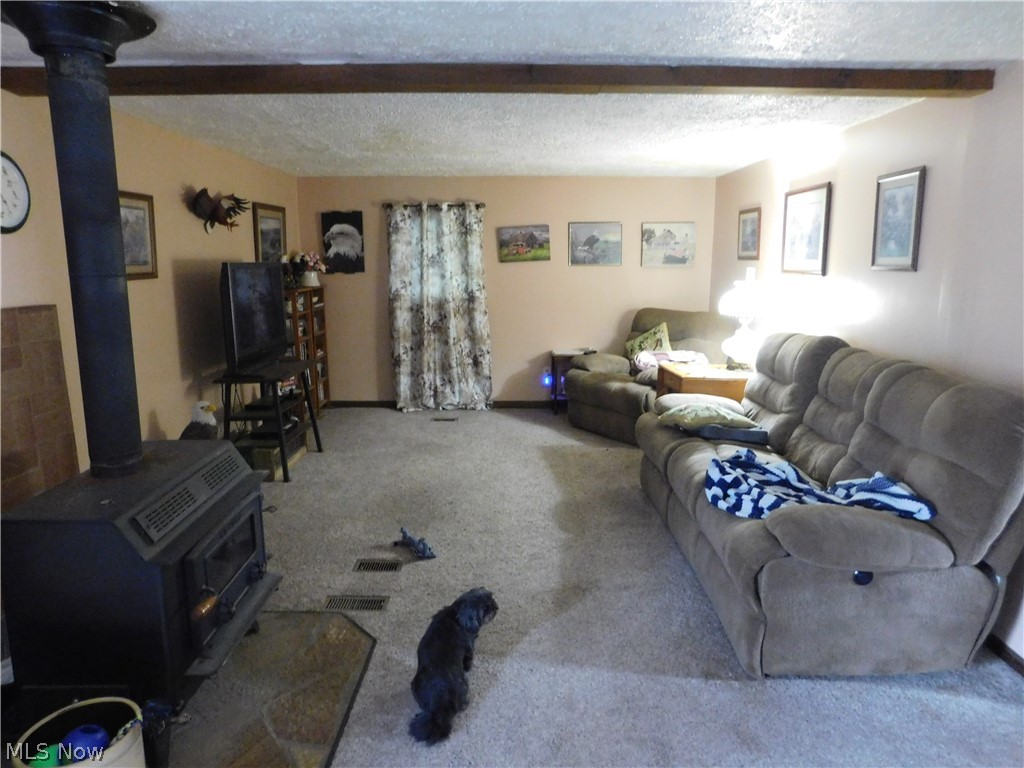 4728 Zenobia Road Wakeman, OH 44889 - Photo 2 of 25 Living room with a wood stove, beamed ceiling, carpet floors, and a textured ceiling
