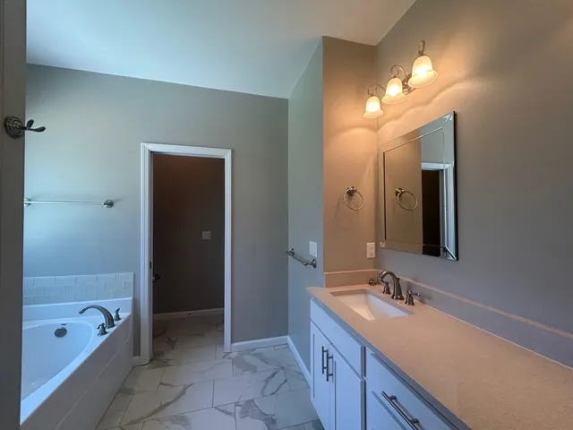 a bathroom with a tub sink and mirror