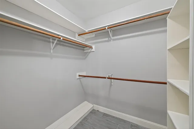 a view of a room with racks on the wall