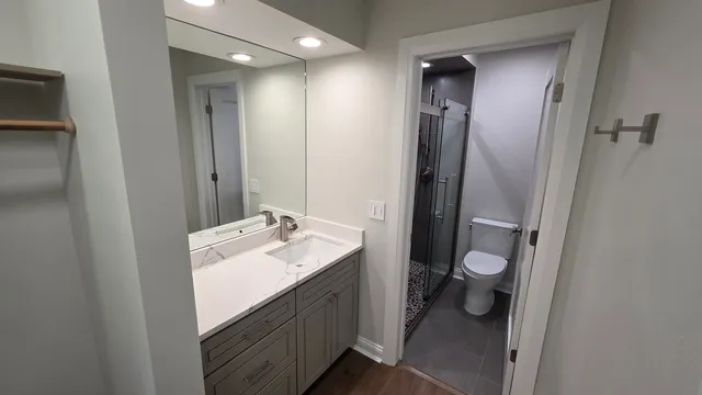 a bathroom with a sink a toilet and shower