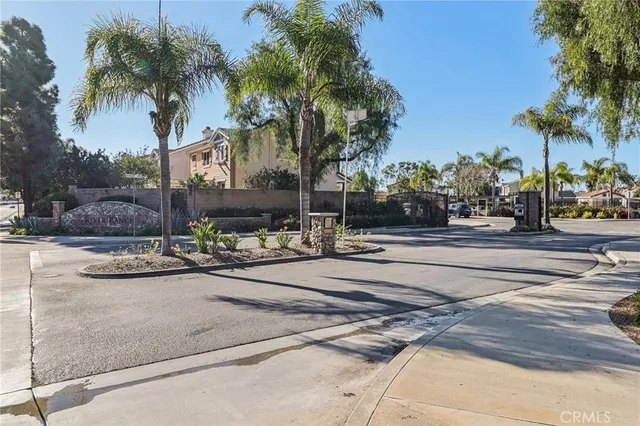 a row of palm trees sitting on the side of a street