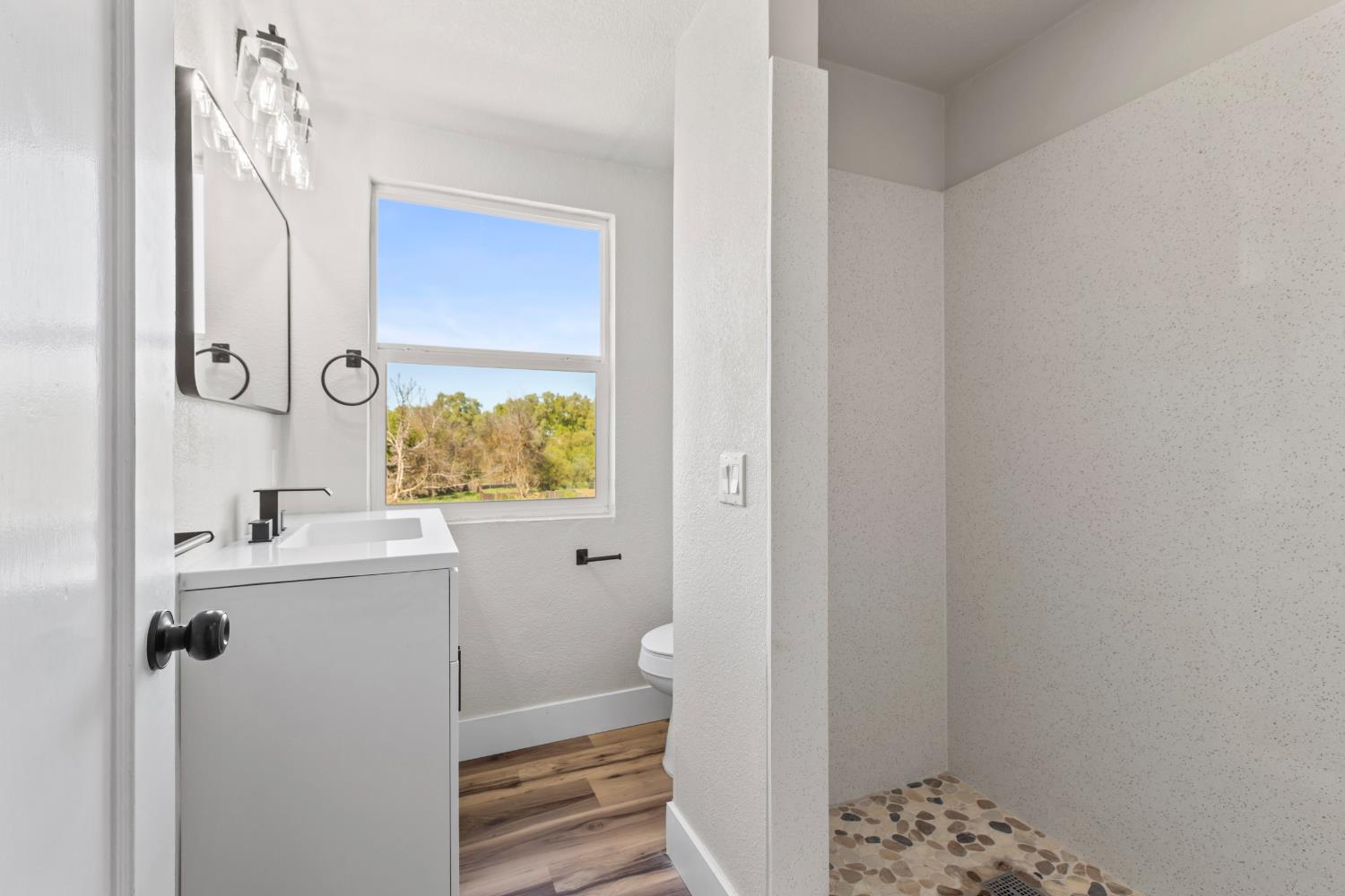 1821 River Road Modesto, CA 95351 - Photo 28 of 50 a bathroom with a sink and mirror with toilet